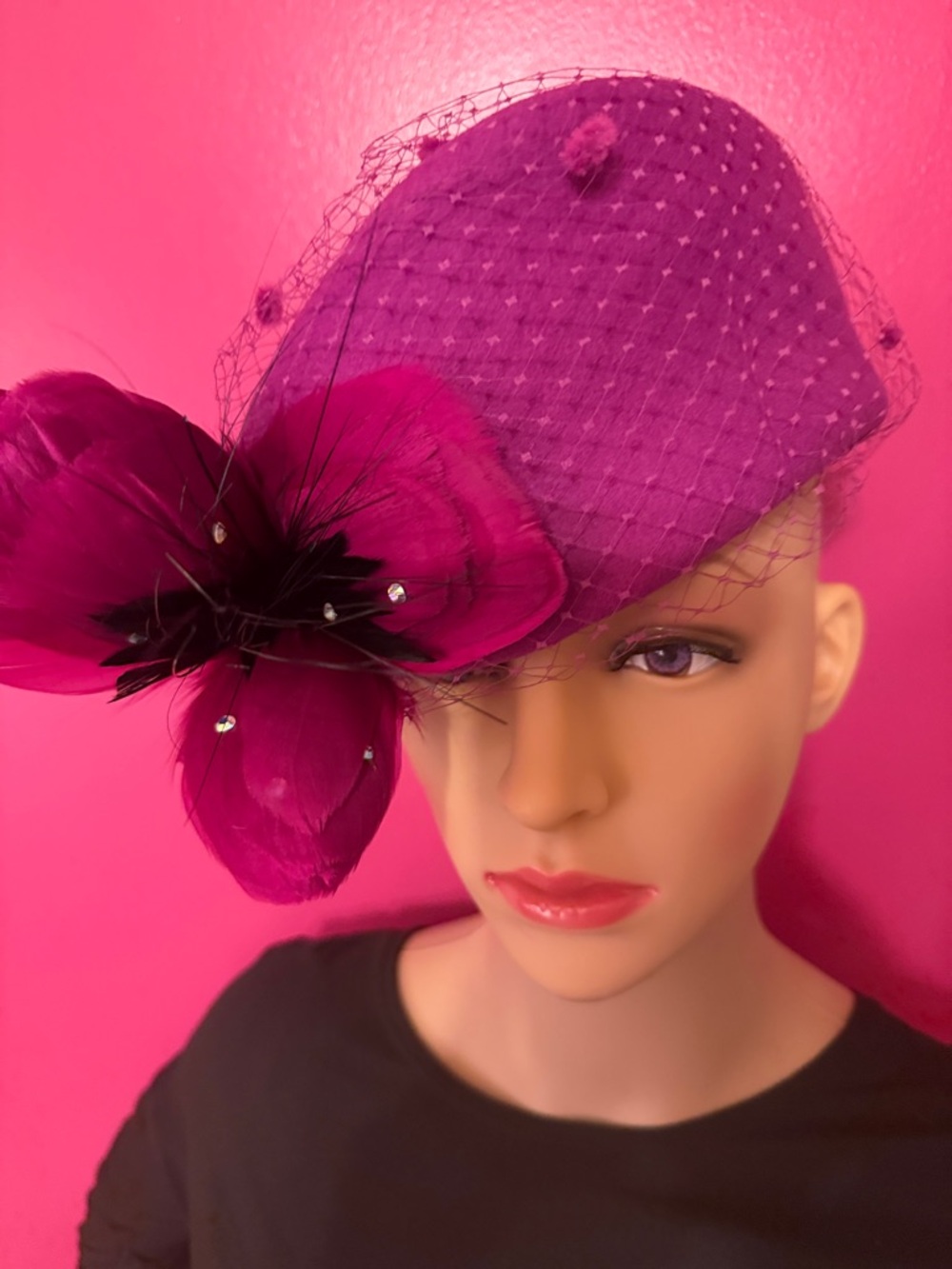 Purple Fascinator Hat with Veil and Flower Accent